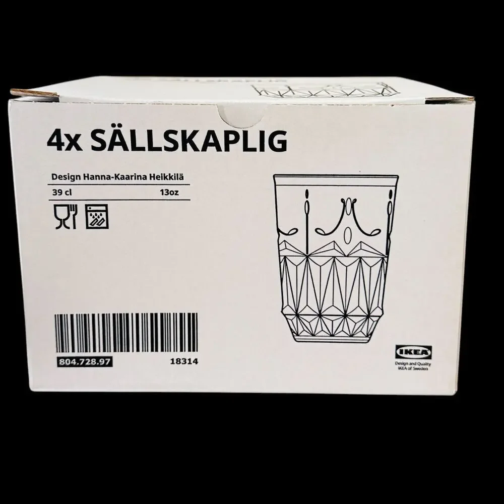 IKEA SALLSKAPLIG Old Fashion Pattern Set of 4 Glasses 13oz clear 804.728.97 New